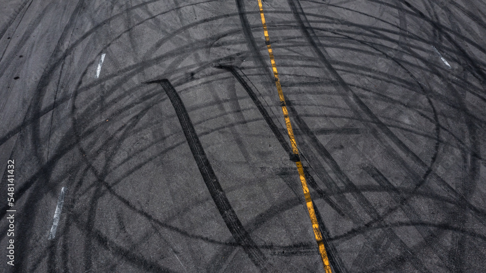 Aerial view tire track mark on asphalt tarmac road race track texture ...