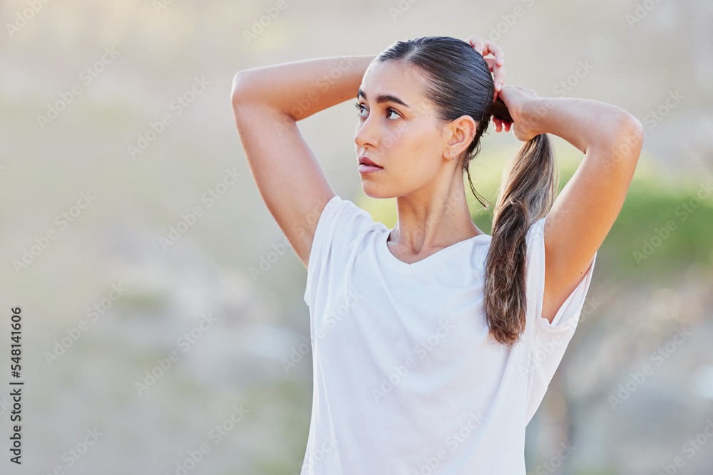 Fitness, woman and start of run in a park, hair tie and wellness training, cardio and morning exercise in nature. Girl, begin and runner in a forest for workout, body and endurance goal on mockup