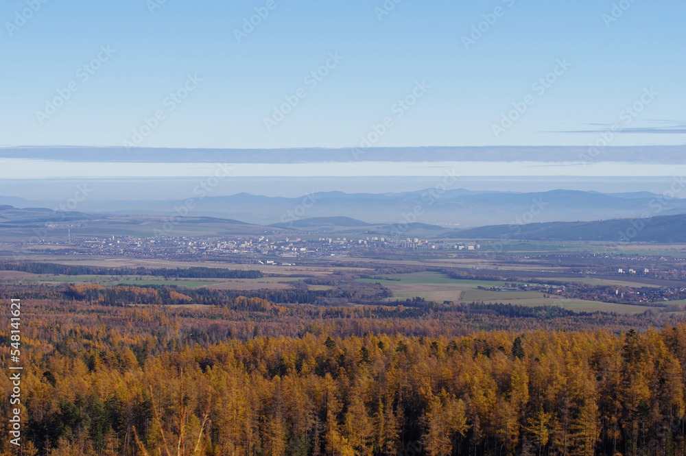 View of the city of Poprad from the mountains in autumn.