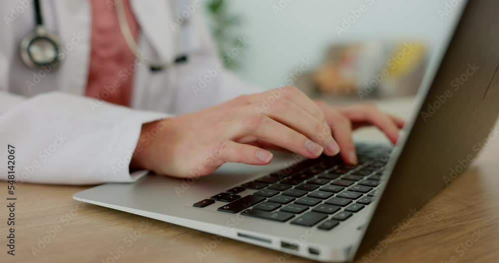 Hands, laptop and healthcare with a doctor typing an email or diagnosis report in an office of a hospital. Computer, medical and research with a female health professional working online in a clinic Hands, laptop and healthcare with a doctor typing an email or diagnosis report in an office of a hospital. Computer, medical and research with a female health professional working online in a clinic