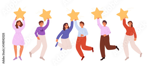 Team with huge rate star, consumer and user review. Smiling people holding stars as clients feedback
