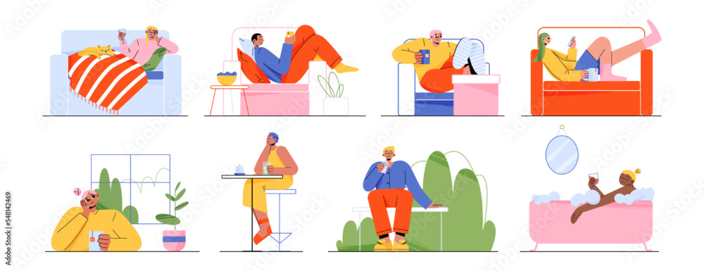 Set of people drink and relax at home, bar and outdoors. Lazy male and female characters lying on coach, bath tub sitting at table and street bench with coffee or tea, Linear flat vector illustration Set of people drink and relax at home, bar and outdoors. Lazy male and female characters lying on coach, bath tub sitting at table and street bench with coffee or tea, Linear flat vector illustration