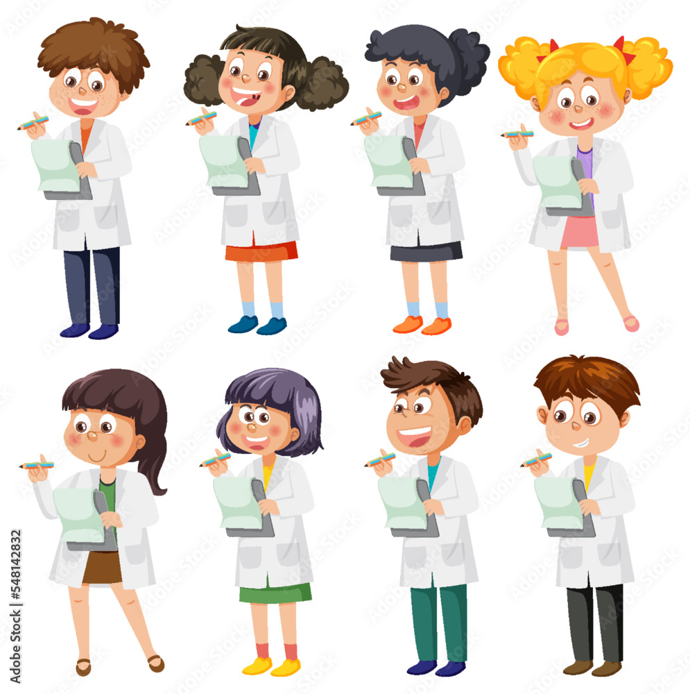 Set of different kids in scientist outfits Set of different kids in scientist outfits