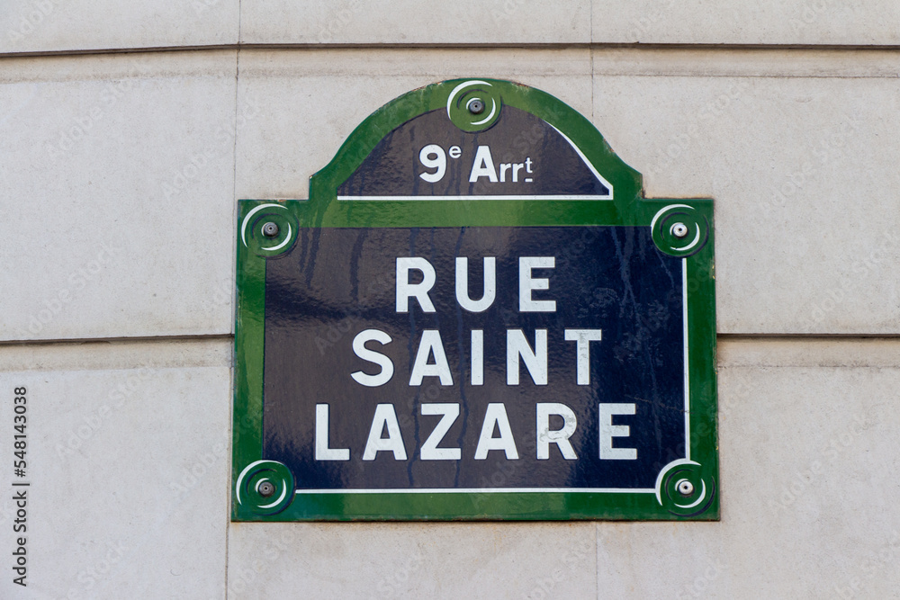 Rue Saint Lazare street sign (Saint Lazare Street), one of the most famous streets in Paris