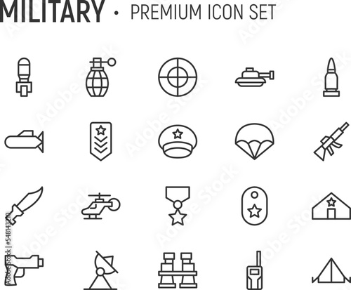 Editable vector pack of military line icons.