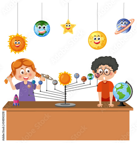 Cartoon kids learning astronomy