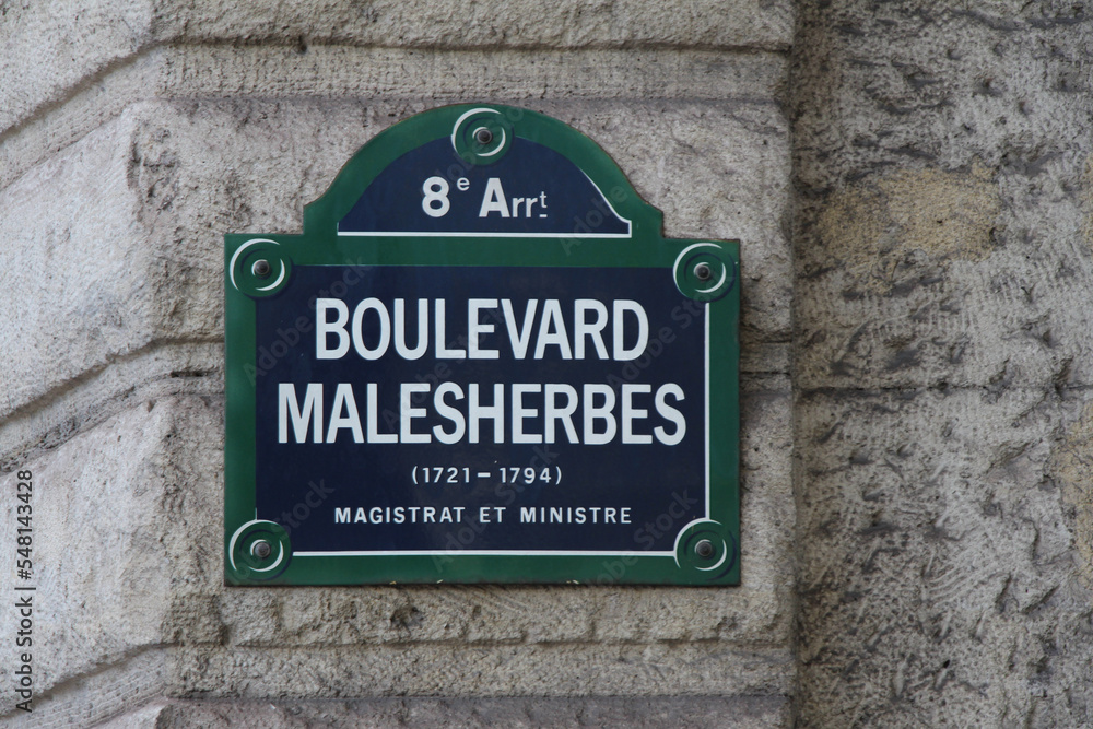 Fototapeta premium Boulevard Malesherbes street sign , one of the most famous boulevards in Paris, France.
