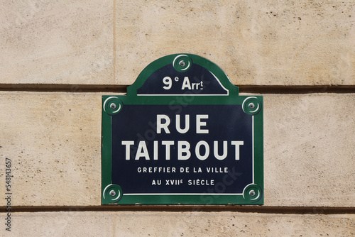 Fototapeta Naklejka Na Ścianę i Meble -  Rue Taitbout street sign, one of the most famous streets in Paris, France.