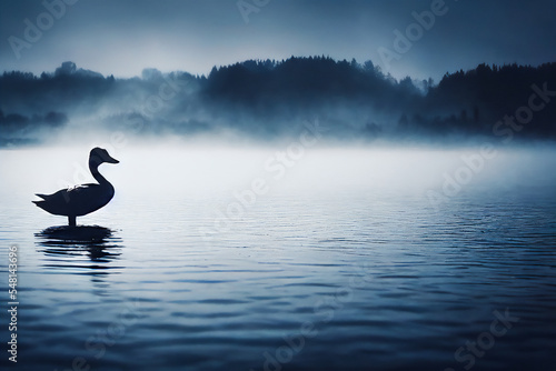 A duck swims gracefully on the water of a lake in the early morning, casting a shadow on the surface. Such a beautiful scene of aquatic life  it's a rare and adorable sight. © XaMaps