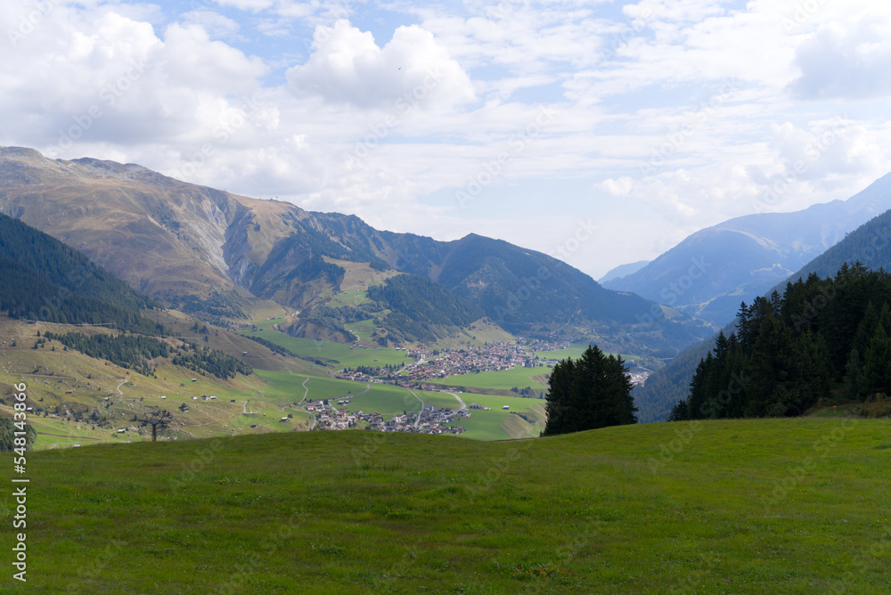 Beautiful scenic landscape at Alp Milez, Canton Graubünden, with villages Dieni, Rueras and Sedrun in the Swiss alps on a late summer day. Photo taken September 5th, 2022, Milez Dieni, Switzerland.
