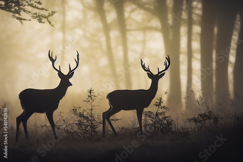 A group of deer are near the edge of a wild forest in the morning light. They are a rare sight  as the deer with beautiful antlers stand out as a dark silhouette.