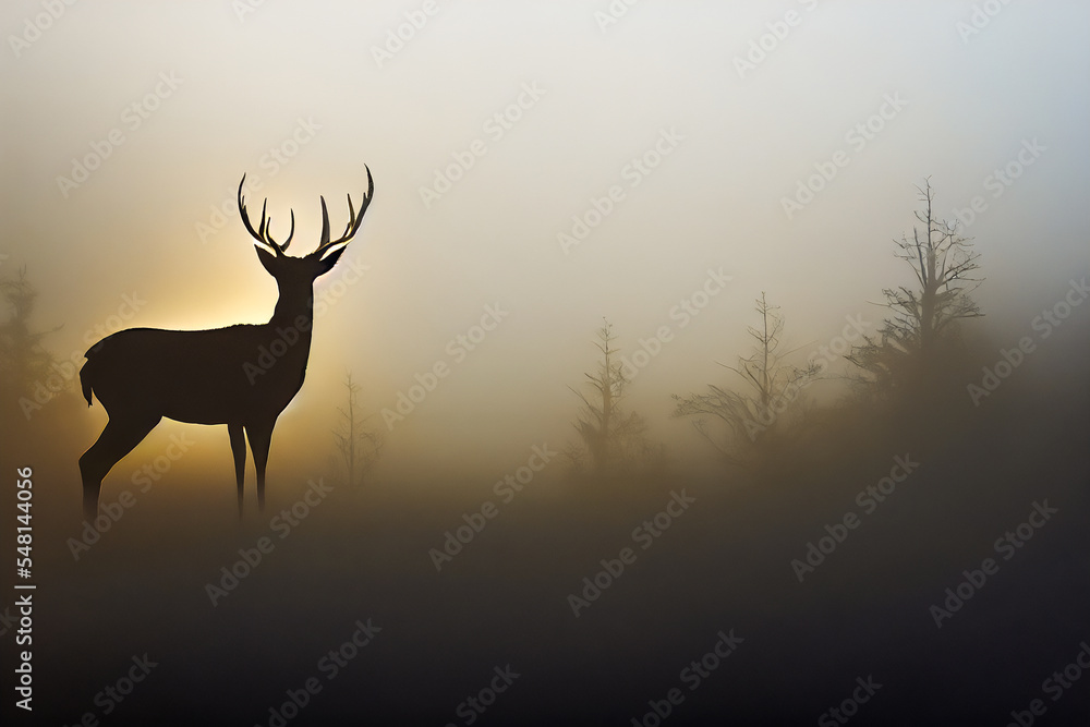 Naklejka premium A group of deer are standing at the edge of a forest in the morning light, looking beautiful with their large, antler-laden heads standing out against the bright background.