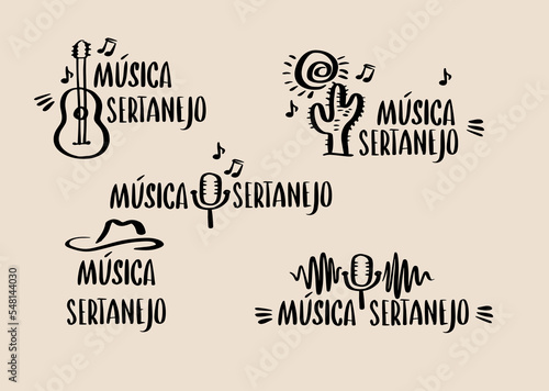 Set Lettering in portuguese Sertaneja musica and guitar outline drawing