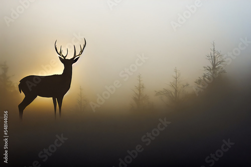 A group of deer are standing at the edge of a forest in the morning light  looking beautiful with their large  antler-laden heads standing out against the bright background.