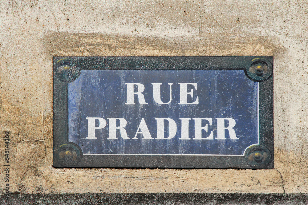 Fototapeta premium Rue Pradier street sign, one of the most famous streets in Paris, France.