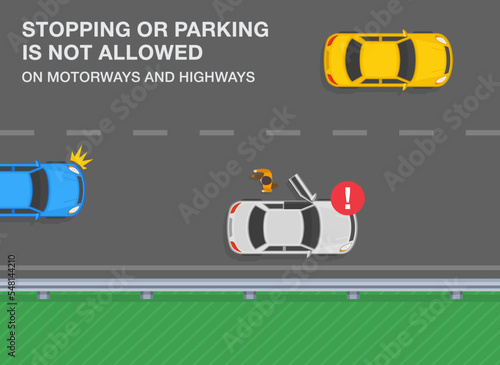 Traffic rules on highway, speedway, motorway. Stopping or parking is not allowed on motorway and highways. Driver gets out of a white car on the street. Top view. Flat vector illustration template.