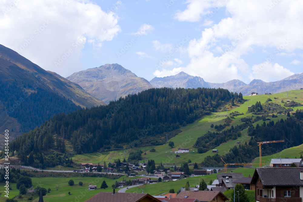 Beautiful scenic landscape at Alp Milez, Canton Graubünden, in the Swiss alps at region Oberalppass on a blue cloudy late summer day. Photo taken September 5th, 2022, Milez Dieni, Switzerland.