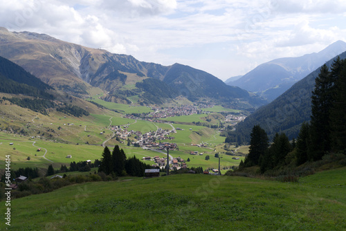 Beautiful scenic landscape at Alp Milez, Canton Graubünden, with villages Dieni, Rueras and Sedrun in the Swiss alps on a late summer day. Photo taken September 5th, 2022, Milez Dieni, Switzerland.