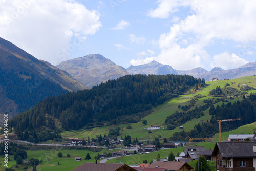 Beautiful scenic landscape at Alp Milez, Canton Graubünden, in the Swiss alps at region Oberalppass on a blue cloudy late summer day. Photo taken September 5th, 2022, Milez Dieni, Switzerland. photo