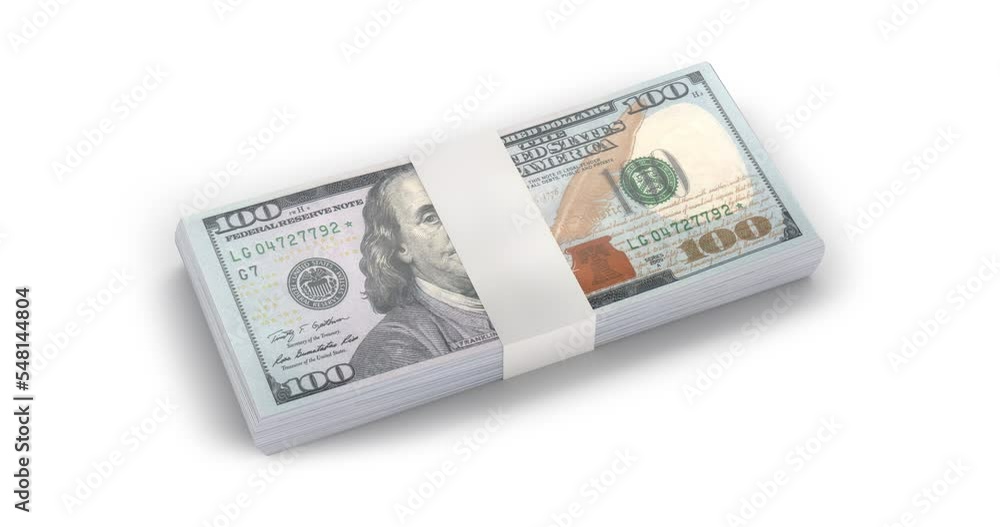 Camera moving towards $100 dollar bundle. New design US Dollar bills bundles stack on white background. Money Pile of hundred dollar bills. 3D render illustration in 4k resolution animation. Camera moving towards $100 dollar bundle. New design US Dollar bills bundles stack on white background. Money Pile of hundred dollar bills. 3D render illustration in 4k resolution animation.