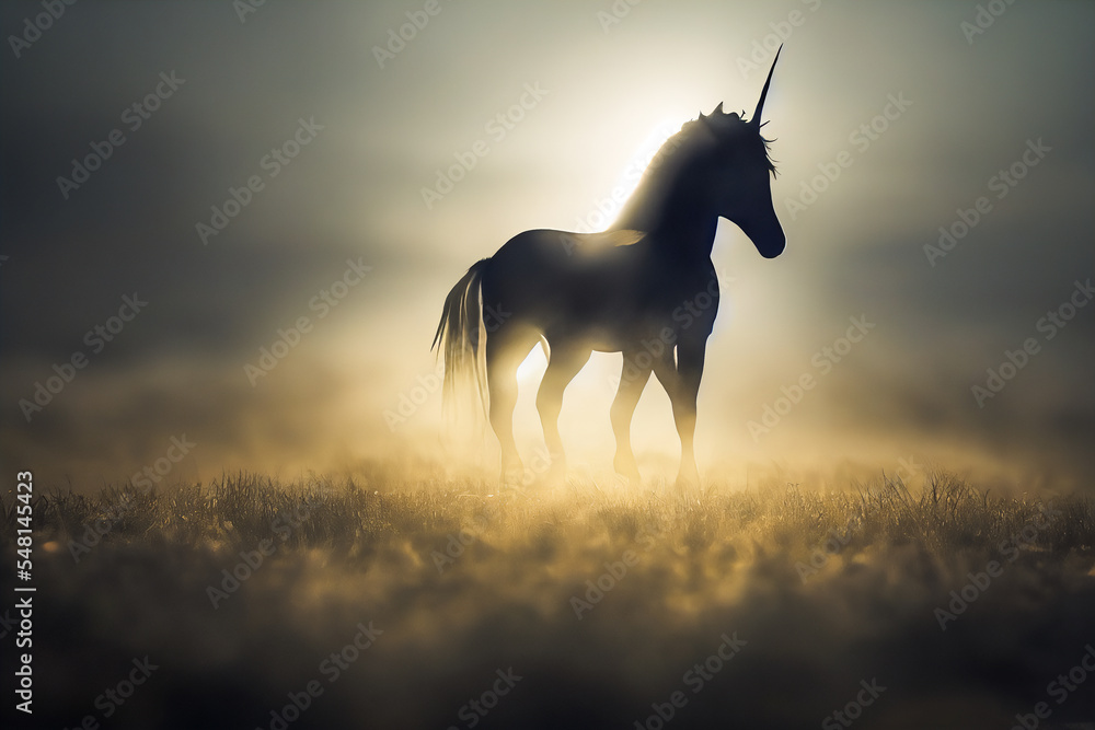 A fantastic unicorn is silhouetted against the bright sunlight in a magical forest. With its horn on its head, the unicorn transports us into a feminine dreamworld.