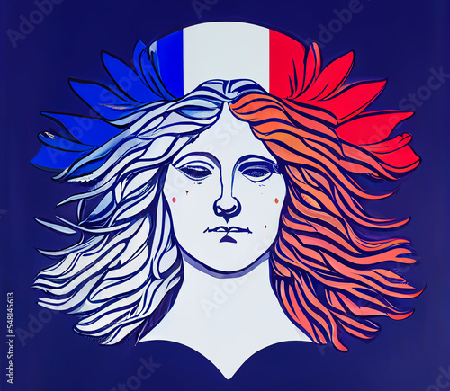 Face of Marianne, symbol of the French republic associated with the blue white and red flag of France. Allegory of freedom, fraternity and equality. photo
