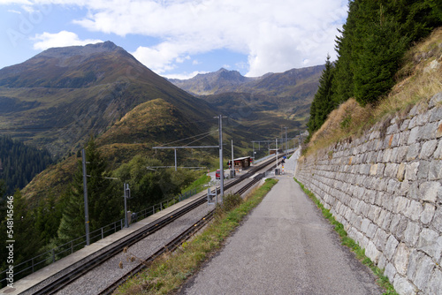 Railway station Rueras, Canton Graubünden,on a sunny late summer day. Photo taken September 5th, 2022, Tschamut-Selva, Surselva, Switzerland.