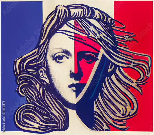 Face of Marianne, symbol of the French republic associated with the blue white and red flag of France. Allegory of freedom, fraternity and equality. photo