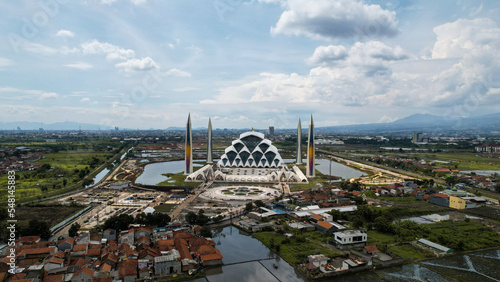 Aerial view of the Beautiful scenery Al-Jabbar Bandung mosque building, a large mosque in the city of Bandung.  photo