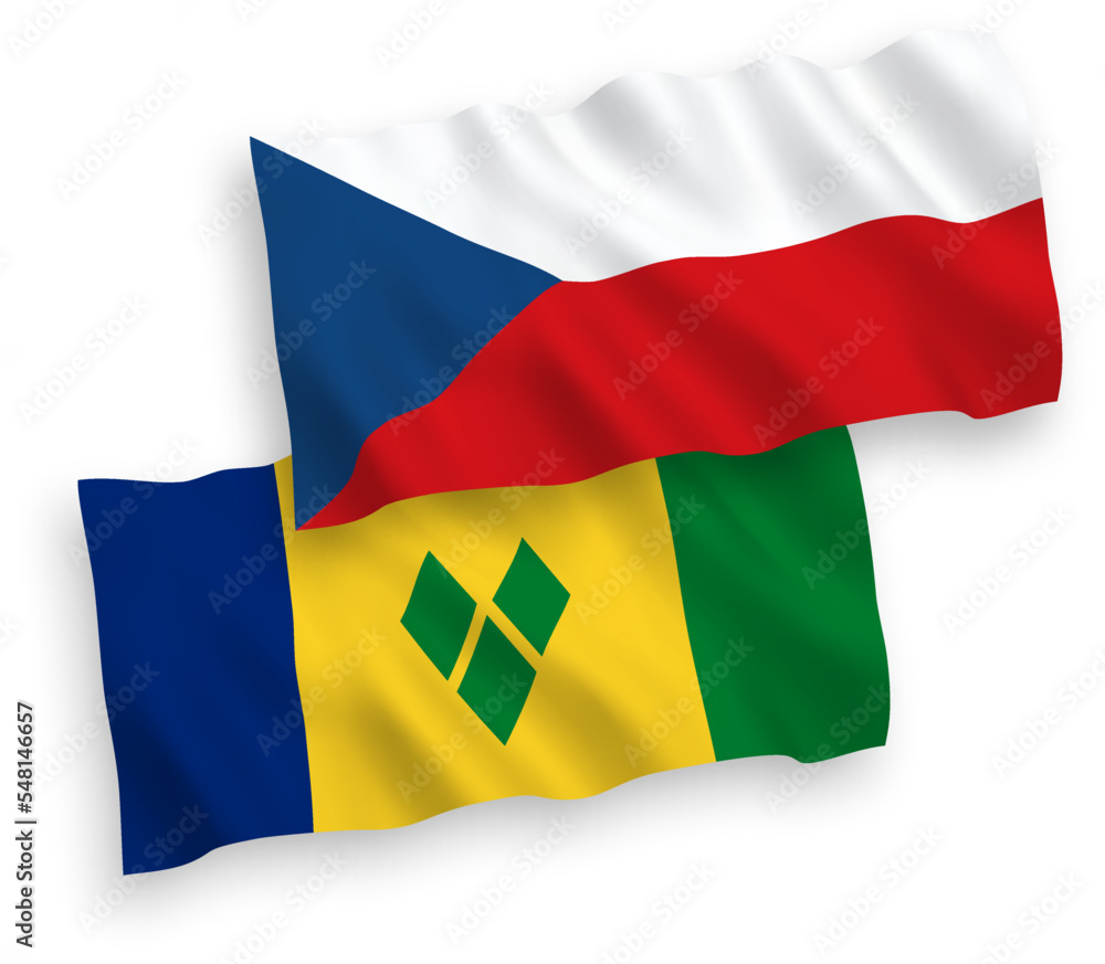 National vector fabric wave flags of Czech Republic and Saint Vincent and the Grenadines isolated on white background. 1 to 2 proportion. National vector fabric wave flags of Czech Republic and Saint Vincent and the Grenadines isolated on white background. 1 to 2 proportion.