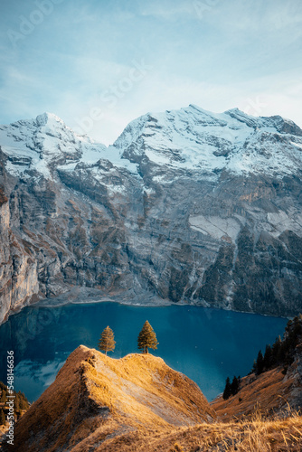 Blue lake surrounded by mountains in Switzerland