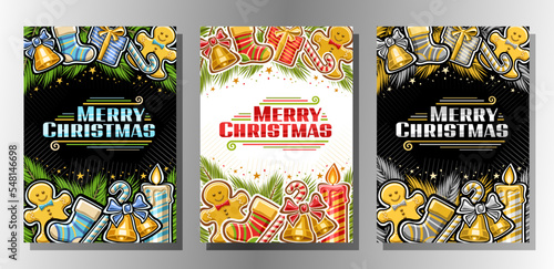 Vector flyer set for Christmas, vertical templates with illustrations of golden bells with bow, branches of christmas tree, decorative stars, gingerbread cookie, burning candle, words merry christmas