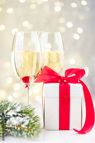 Champagne glasses and gift