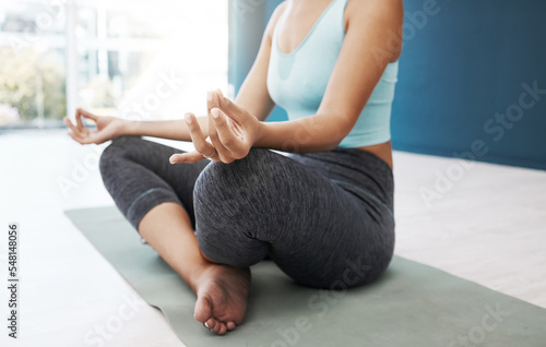 Meditation, yoga and body of zen woman meditate for inner peace, freedom and mindfulness for spiritual balance, wellness or health. Mindset, lotus and relax pilates girl work on chakra energy healing