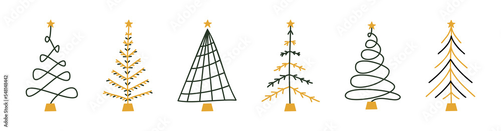 Fototapeta premium Vector flat hand drawn set of christmas trees