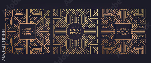 Vector art deco set of frames, abstract geometric design templates for luxury products. Geometric golden square line backgrounds. Use for package, branding, decoration, placards, banners, flyers