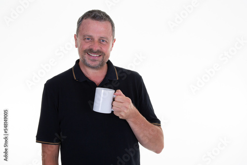 attractive smiling handsome man with hot drink coffee cup white mockup in hand on white background