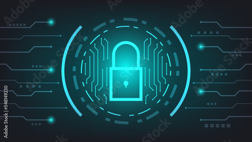 digital padlock with HUD virtual screen and green lighting on dark background. cyber security technology and privacy data protection concept