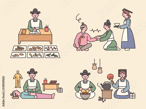 Doctors and nurses in Joseon, the former country of Korea. Doctors and nurses are preparing medicine and treating patients.