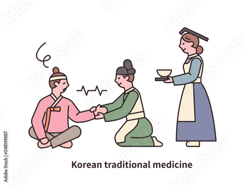 Joseon Dynasty doctors are treating patients. Behind him is a nurse holding a pharmacist bowl. photo