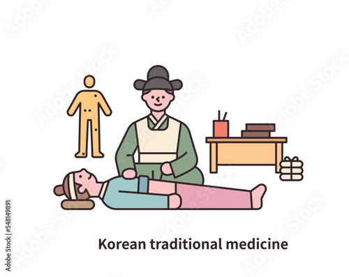 A Joseon Dynasty doctor is putting acupuncture on a patient. There are oriental medicine related objects around him.
