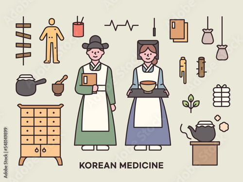 Collection of male and female characters in Korean traditional doctor costumes and Korean traditional medical equipment icons.