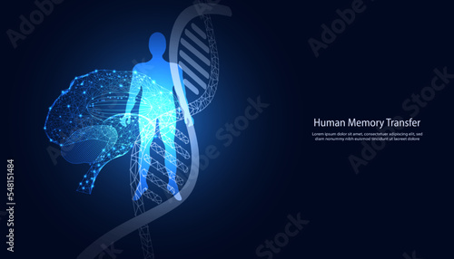 Abstract Brain Wireframe Digital Human Illustration and DNA Concept Human Memory Transfer pass on memories from person to person at the cellular level