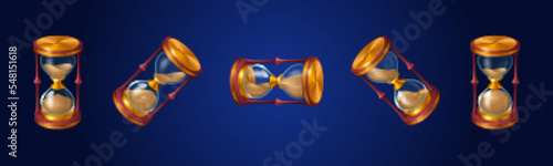 Hourglass rotation sprite sheet. Animation set of glass clock icons turning around with sand falling isolated on background. Vector cartoon illustration of timer, loading process for game ui design