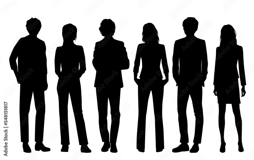 Vector silhouettes of  men and a women, a group of standing   business people, profile, black  color isolated on white background