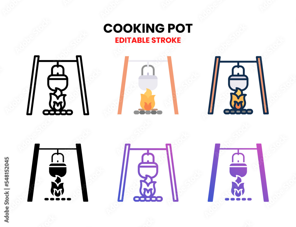 Cooking Pot icon set vector line, outline, glyph, filled line, flat color, line and flat gradient. Editable stroke and pixel perfect. Can used for digital product, presentation, UI and many more.