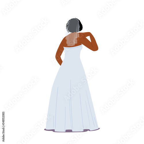Black Stylish Bride in Elegant Dress and Veil Rear View Isolated on White Background. Beautiful African Female