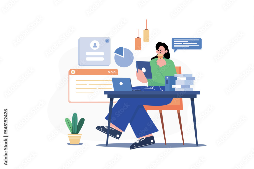 Woman Working On A Tablet While Drinking Coffee Woman Working On A Tablet While Drinking Coffee