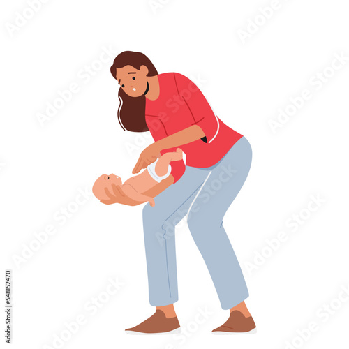 Emergency, First Aid Food Choking Baby. Female Character Mother Trying To Reanimate Or Help Newborn Choke-bore Baby