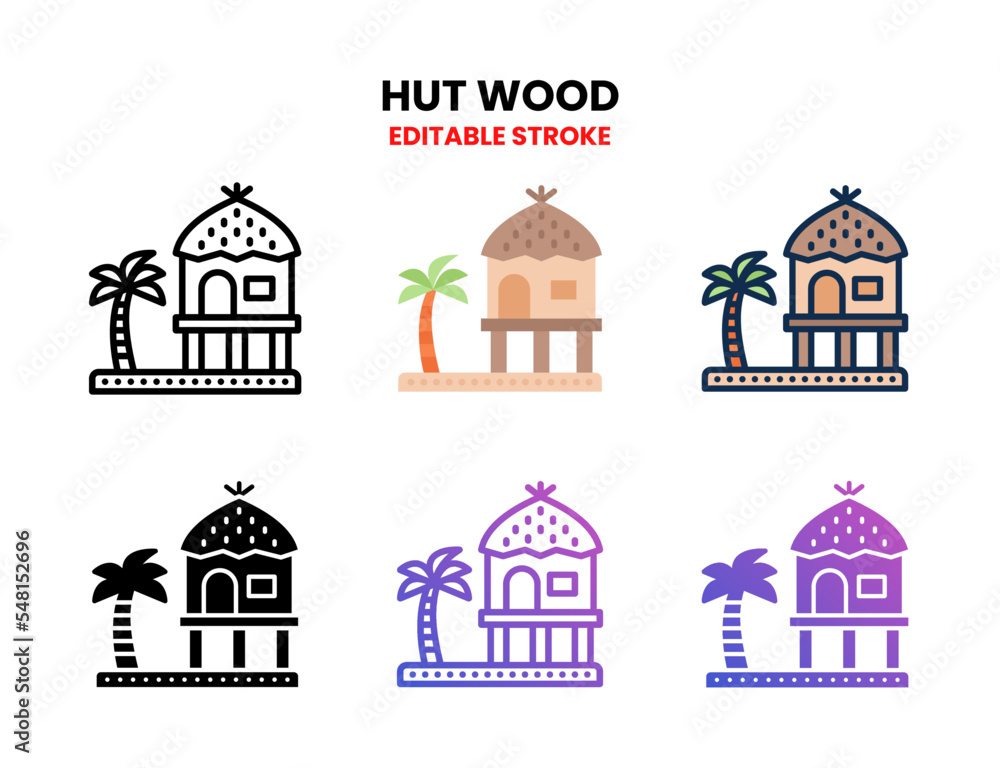 Hut Wood icon set vector line, outline, glyph, filled line, flat color, line and flat gradient. Editable stroke and pixel perfect. Can used for digital product, presentation, UI and many more.